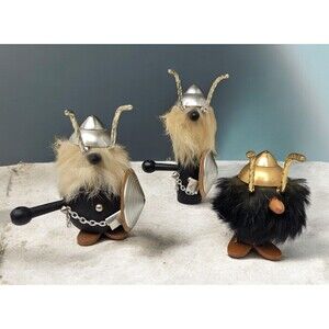 Vintage Wood Fur Viking Figures Metal Helmets Shields Danish Art Norway Set of 3